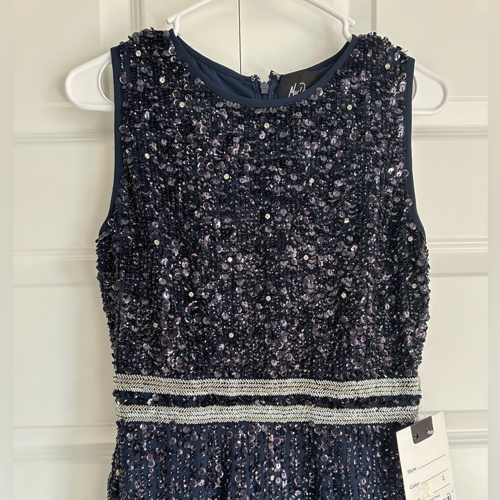 Mac‎ Duggal Beaded Sleeveless High Neck Midi Sheath Dress in Navy NWT - Picture 5 of 9